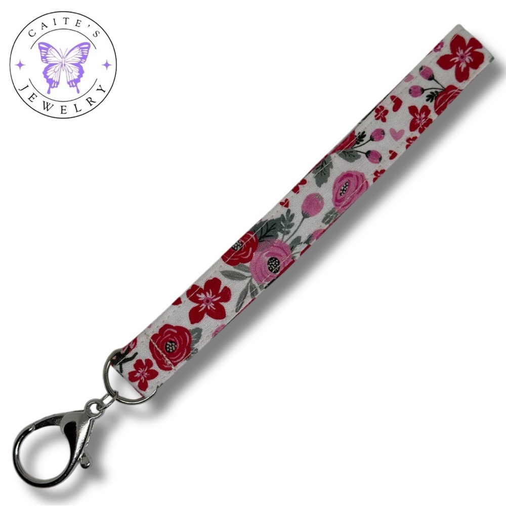 Handmade Silver Keychain with a Hearts and Flowers Fabric
